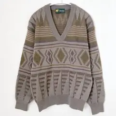 ゴールデンベア　ニット　セーター　Vネック　毛混　グレー系　幾何学模様　M 長袖