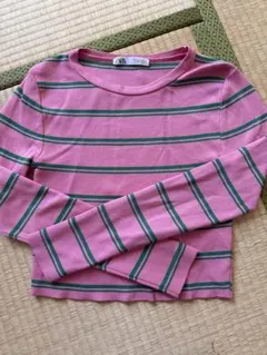 ZARA ピンク・緑ストライプ 長袖トップス M