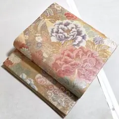 A5 慶長 九百佐賀錦 豪華な花 金糸 牡丹 六通 正絹 袋帯101