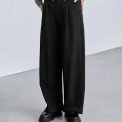 MONO-MART 速乾×洗える カーブ タック ワイド スラックス パンツ 黒