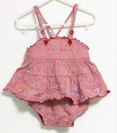 ミキハウス レトロ 赤チェック ロンパース 85cm 花 春