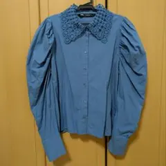 ZARA レース襟 パフスリーブ ブラウス ブルー