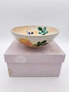d556【新品・未使用】茶碗 色絵 金魚(縁に猫) 竹中洸祥 紙箱 茶道具