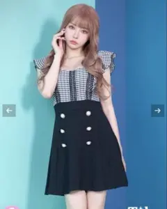 Tika ギンガムチェック柄フリル袖レースダブルボタンフレアミニドレス