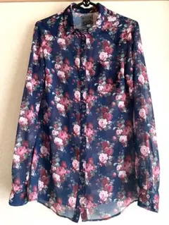 花柄 長袖 シースルーシャツ シアーネイビーのサムネイル