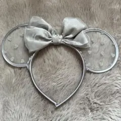 シルバー ミッキー型カチューシャ リボン付き