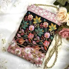 スマホショルダー スマホポシェット サコッシュ インド刺繍リボン ブラックピンク