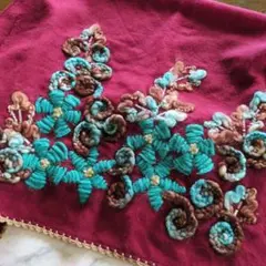 お花の毛糸刺繍 インドウールショール スカーフ 蘇枋色
