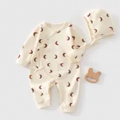 73cm【新品】月柄カバーオール&ボンネットセット　米色　韓国　長袖　ロンパース