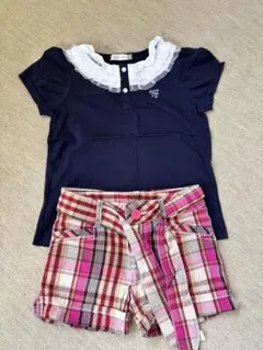 ネイビーTシャツとチェック柄ショートパンツセット 120センチ