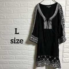 海外古着♡【L】白刺繍入りブラックチュニックワンピース