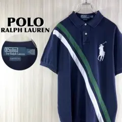 【90s】ポロバイラルフ ビッグポニー 斜めライン 半袖ポロ L表記 ネイビー