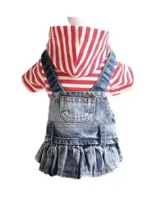 匿名配送　犬服　XS赤色ストライプ　デニム　ドッグウェア