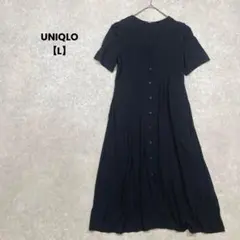 a2093＊UNIQLO 半袖シャツワンピース　ロング丈　黒【L】綺麗め　上品✨