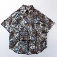 ビンテージ古着00s プリミティブ 民族 トライバル 象形 アート 総柄シャツ