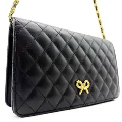 チェーン　ショルダーバッグ　ゴールド金具　キルティング　レザー　ブラック