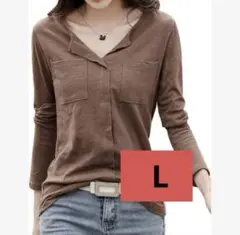 カットソー　Ｖネック　L ロンT ブラウン　レディース　長袖Tシャツ ポケット