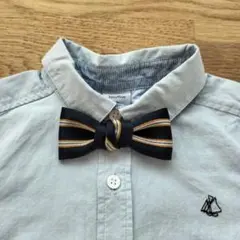 ハンドメイド　キッズ　蝶ネクタイ　リボンブローチ　光沢　ネイビー系　ボーダー