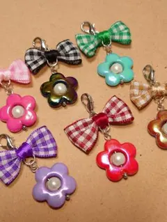 77 リボン お花 パール ハンドメイドチャーム 6個