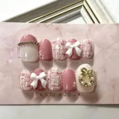 サイズオーダー ネイルチップ ピンク ツイード リボン クリスマス 推し活
