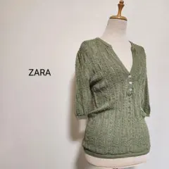 ZARA キーネック透かし編み半袖サマーニット オリーブグリーン USA M