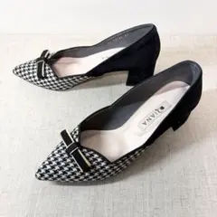 美品★DIANA ダイアナ パンプス ポインテッドトゥ リボン 千鳥格子 22