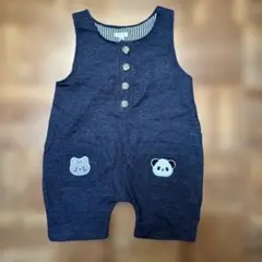 ネイビー ノースリーブオーバーオール パンダ　ネコ　刺繍