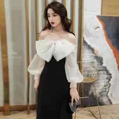 C54 ワンピース スリット入り ボウタイ付き フォーマルお姫様ドレス