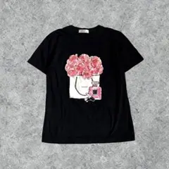 デザインTシャツ ブラック フラワー刺繍 スパンコール ビーズ M おしゃれ