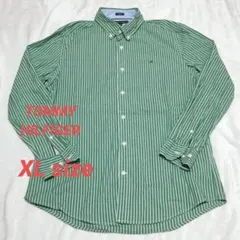 【美品】TOMMY HILFIGER 緑 ストライプ 長袖シャツ XL トミー