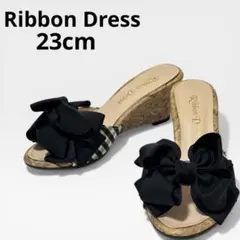 リボン ミュール サンダル 23cm ウェッジ 黒 ギンガム柄 夏 カジュアル