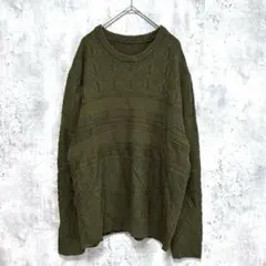 美品✨長袖ケーブルニット カーキ 深緑 L ゆったり クルーネック カジュアル