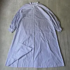 ノーブランド ストライプ シャツワンピース バンドカラー ボリューム袖 ブルー