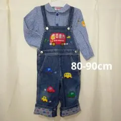 ミキハウス 80cm デニムサロペット ギンガムチェックシャツ セットアップ