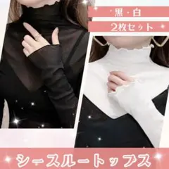 【２枚セット】シースルートップス シンプル 黒 白 ハイネック メロウデザイン