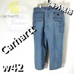 カーハートデニムワークペインターパンツ極太レザーロゴw42USAアメリカ古着