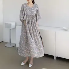 DHOLIC ディーホリック☆ボヘミアンフローラルパフワンピース　半袖　水色