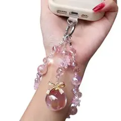 スマホストラップ 大粒パールビーズストラップ 薄ピンク リボン オーロラ新品即納