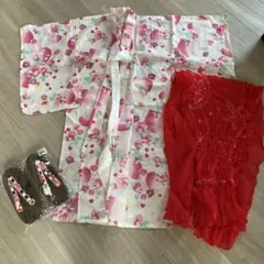 花柄ハート着物、帯、下駄セット 100cm 3点セット