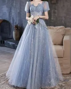 ライトブルー チュールドレス フレアスリーブ