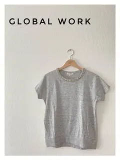 グローバルワーク　Tシャツ　トップス　グレー　ビーズ　ビージュ　春　夏