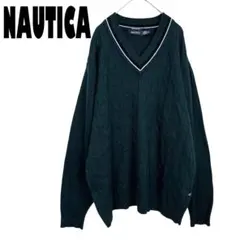 【ノーティカ】大きいサイズ　混カシミヤ　Ｖネックニット　チルデンセーター　緑