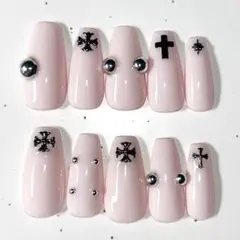 現品!! 甘辛 クロス ベビーピンク ギャル ネイルチップ コフィン