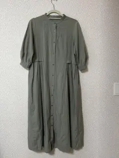 カーキ 半袖シャツワンピース ロング丈