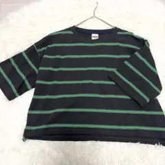 ニコアンド ボーダーTシャツ グリーン×チャコール