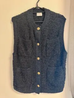 ニットツイードベスト　金ボタンネイビー