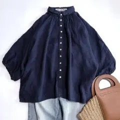 美品☆ブロカント グランシャツ リネンキャンバス DMG ドミンゴ ゆったり 紺