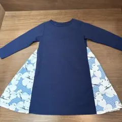 ネイビー鳥プリント長袖ワンピース