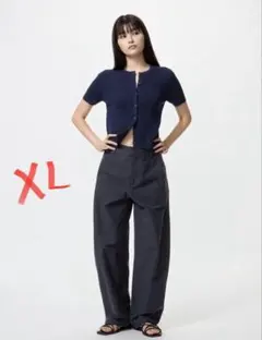 【美品】UNIQLOユニクロ ジャージーバレルレッグパンツ 標準丈 ネイビーXL