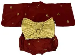 女の子 甚平 90 朱色 ひまわり刺繍 帯付き ギンガムチェック リボン 縁日